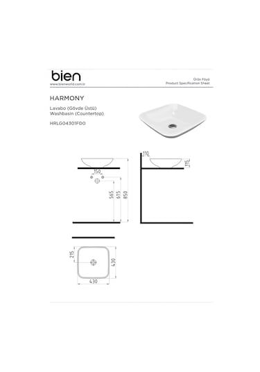 Bien HRLG04301FD0W5000 Harmony Batarya Deliksiz Taşma Kanalsız  Gövde Üstü Lavabo 43 CM