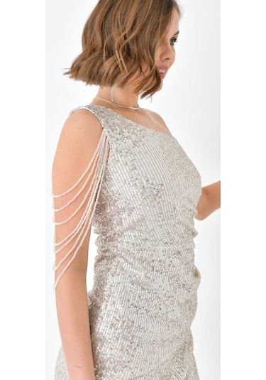 Hanife Glam Couture Hanife Glam Tek Omuz Taş Tasarımlı Mini Pulpayet Elbise Gümüş