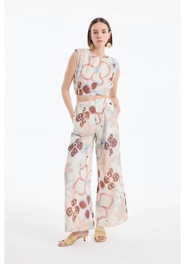 Büyük Pastel Çiçekli Vatkalı 80ler Lastikli Pantolon Crop Keten Yazlık İkili Takım Krem