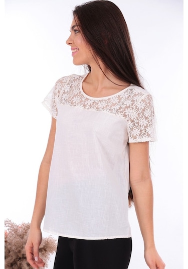 Bluz Yakası Dantel Detaylı Pamuklu Keten