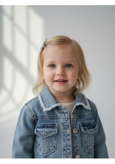 Zekids Kız Bebek Taşlı Denim Ceket-16880 Mavi