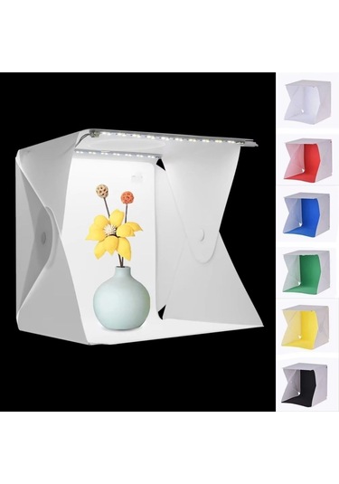 Katlanır Işıklı Fotoğraf Stüdyosu 40x40 Cm 6 Renk Fonlu Ürün Çekimi İçin Uygun Fotoğraf Çekim Kutusu Çok Renkli