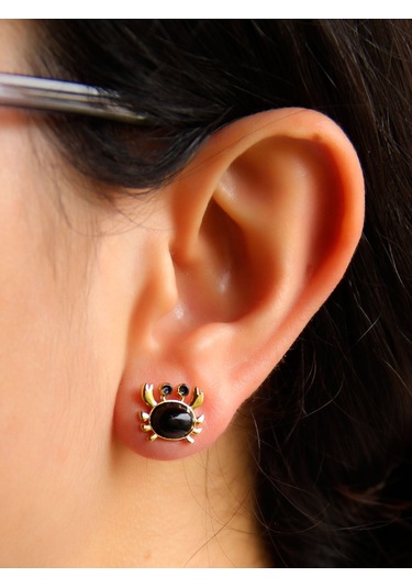 Esha Store Doğal Taş Oniks Doğal Taşlı Yengeç Altın Kaplama Kadın Küpe Euk21o Siyah