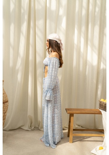 Mai Collection Samos Puantiyeli Mavi Crop Etek Takım
