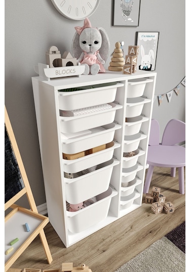 %100 Mdf - Large Duo 14 Sepetli Oyuncak Dolabı Beyaz