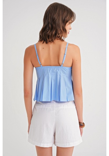 4737 Kadın Düğmeli Kuplu Pileli Bluz Mavi Mavi