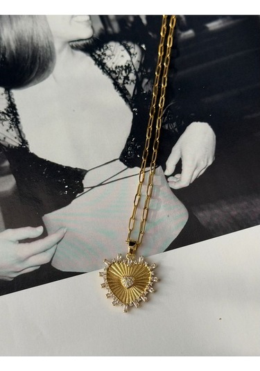 Zirkon Taşlı Kalp Kararmaz Çelik Kadın Gold Kolye Modern Ve Şık Altın