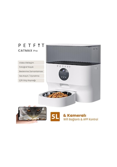 Petfit Catmax Pro 5l Wi-fi Kameralı Akıllı Otomatik Kedi Köpek Mama Kabı Besleme Ünitesi Sesli Komut+çelik Kase+app Kontrol