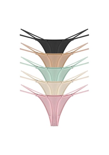 Kadın Pamuklu Ve Taş Detaylı Likralı Fitilli Kaşkorse Tanga Külot 5'li Paket Renkli-1 Çok Renkli