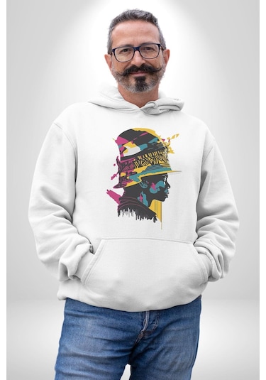Canlı Afrobeat Füzyon Renkli Siluet Kadın Erkek Beyaz Kapüşonlu Sweatshirt Hoodie Beyaz