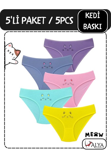 Alya Underwear Kedi Baskılı Pamuklu Kız Çocuk Külot, Renkli Slip Külot Çok Renkli P62