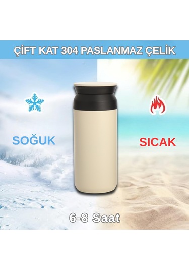Paslanmaz Çelik Bardak Mug Termos 350 Ml Çift Katmanlı, Sızdırmaz Kapaklı Krem