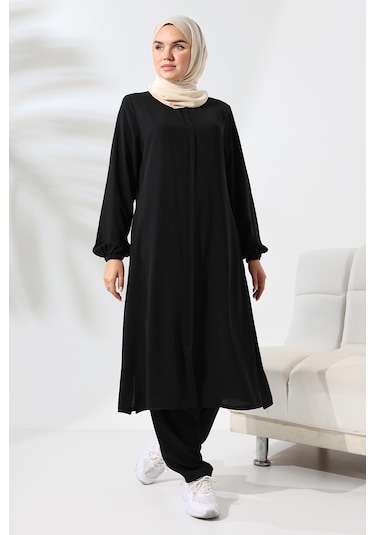 Kadın Medine İpeği Hac Umre Kıyafeti Tesettür İkili Takım - Siyah Siyah