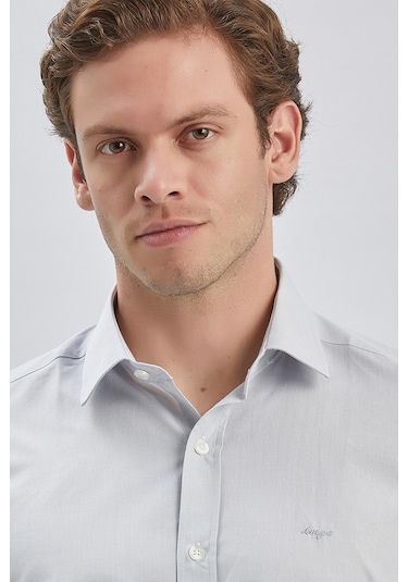 Gri Uzun Kollu Bez Ayağı Sert Yaka Cepsiz Pamuklu Klasik Slim Fit Dar Kesim Gömlek 1004240230 Gri