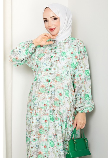 Elera Desenli Yarasa Kol Tesettür Elbise 1572 - Yeşil Yeşil