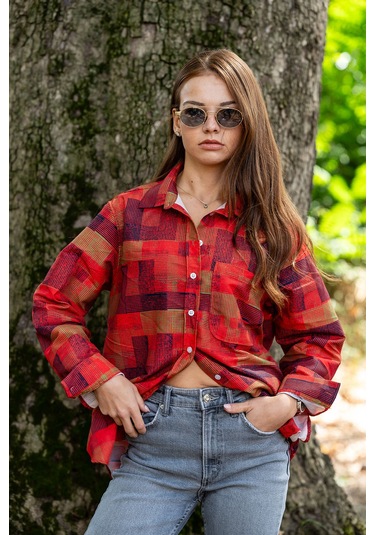 Verdeblanco Çizgili Kareli Dijital Baskı Uzun Kollu Gömlek Kırmızı-yeşil Kırmızı - Yeşil