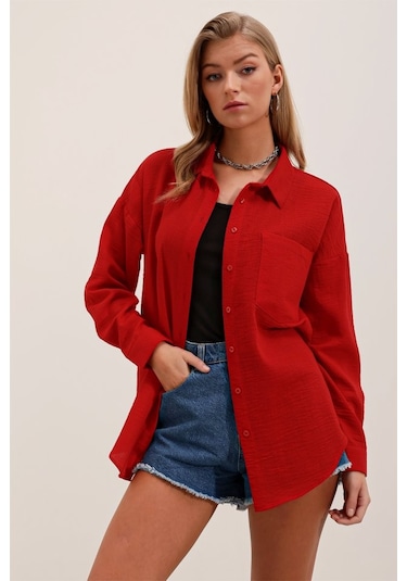 Gülsüm Aydın 20153 Tek Cepli Oversize Gömlek - Kırmızı Kırmızı