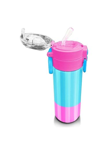 Coral High Kids Renkli Çizgili Desenli Pipetli Ve Direkt İçim Çelik Termos 500 Ml 31987 Pembe - Mavi