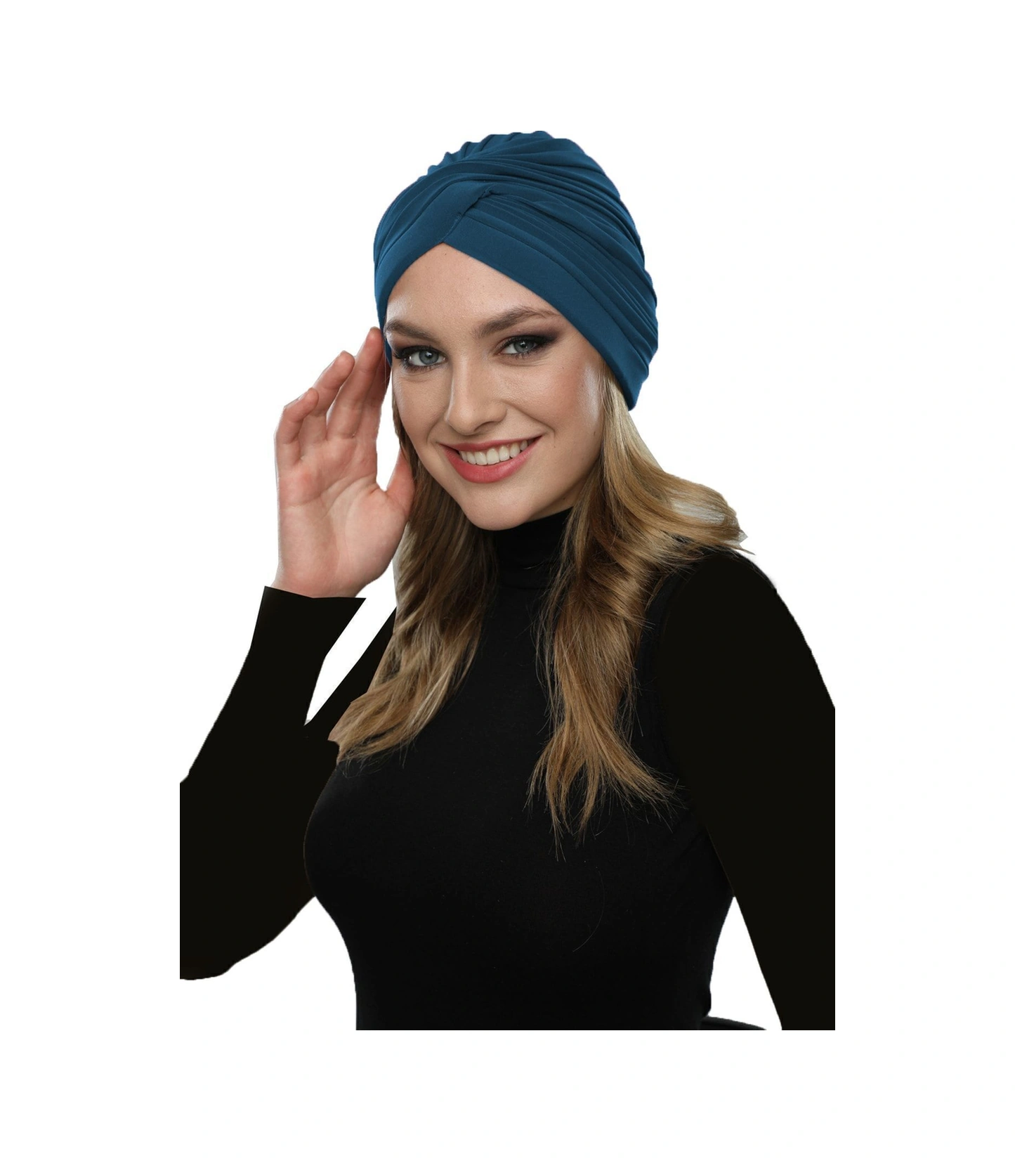 Çapraz W Nervürlü Ensesi Bantlı Petrol Hazır Türban Tesettür Havuz Bonesi Petrol