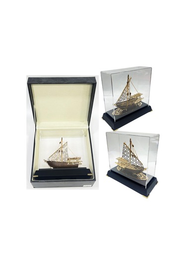 Pirinç Yelkenli Gemi Altın Kaplama Katar Dhow Teknesi Deri Kutulu 23cm No.2