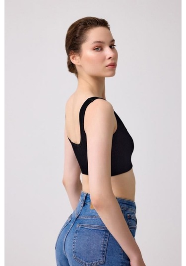 Cottonhill Premium - Kadın Siyah Seamless Kare Yaka Crop Top Büstiyer Siyah