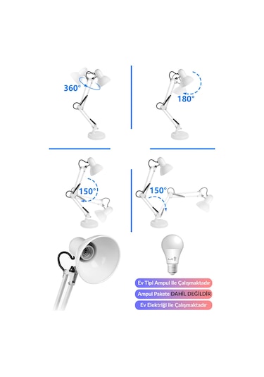 2li Set Masa Lambası + Kronometreli Öğrenci Saati Akrobat Metal 360 Çalışma Masası Lambası Beyaz Beyaz