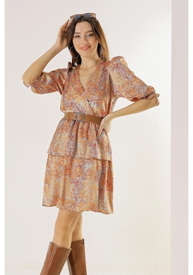 Kruvaze Yaka Astarlı Beli Kemerli Dal Desenli Katlı Saten Elbise-35374-oranj