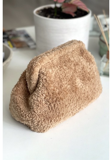 El Yapımı Taba Rengi Teddy Yün Örgü El Çantası Taba