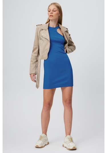 ASİMETİK OMUZ KISA ELBİSE SAKS MAVİ Saks Mavisi