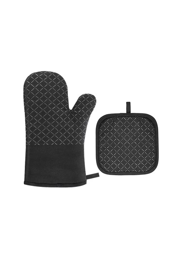 Geeksen 30 Cm Siyah Silikon Izgara Eldiveni Ve 2 Adet Isı Koruyucu Tutucu, Pamuk + Silikon Malzeme, 4'lü Set Çok Renkli