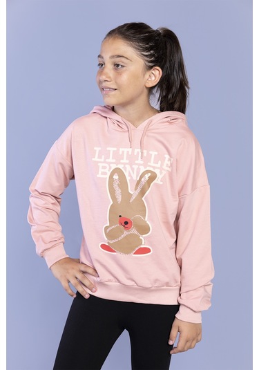 Toontoy Kız Çocuk Tavşan Baskılı Kapüşonlu Sweatshirt Somon