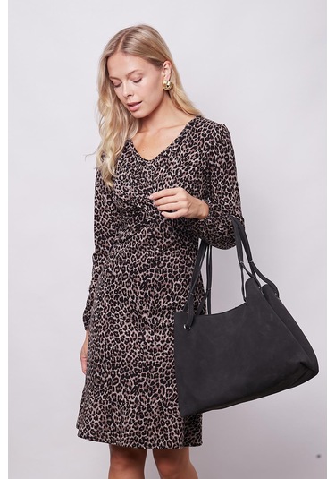 Kadın Hafif Likralı Yumuşak Dokulu Kumaş V Yaka Önü Düğümlü Eteği Volanlı Uzun Kol Diz Boy Elbise-leopar Leopar