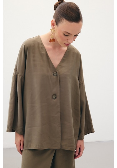 Sateen Düğmeli Kimono - Haki-136357 Haki