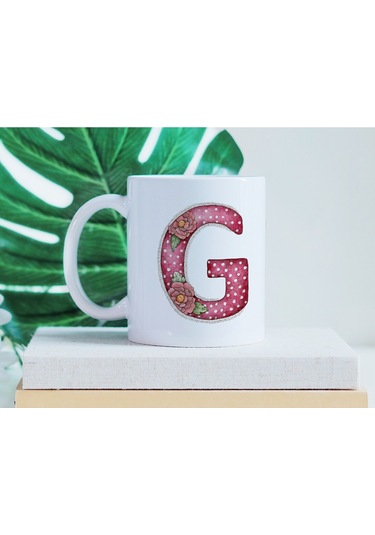 G Harfli Retro Çiçekli Kupa Bardak - Patchwork Tarz Yamalı Desenli İsme Özel Kupa - Hediye 07 Beyaz