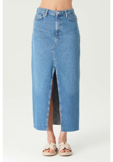 Orta Mavi Yüksek Bel Patı Fermuarlı Yırtmaçlı Etek Ucu Kesikli Maxi Jean Etek C 4532-054 Mavi