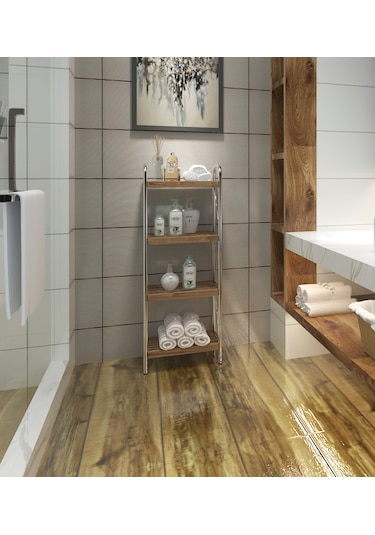Sahra Krom 4 Katlı Ahşap Raf Banyo Köşe Rafı Düzenleyici Organize Krom