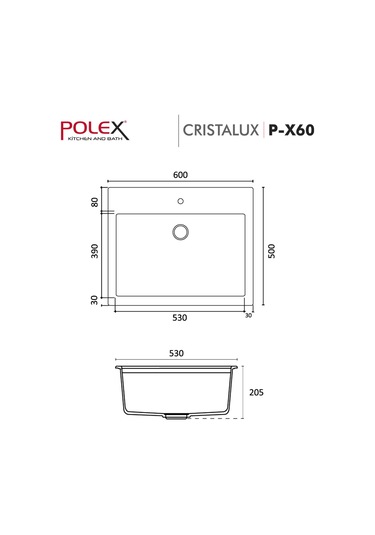 Polex Cristalüx Granit Evye P-X60 Beyaz Tezgah Altı Ve Tezgah Üstü Kare Mutfak Evyesi 60x50 CM