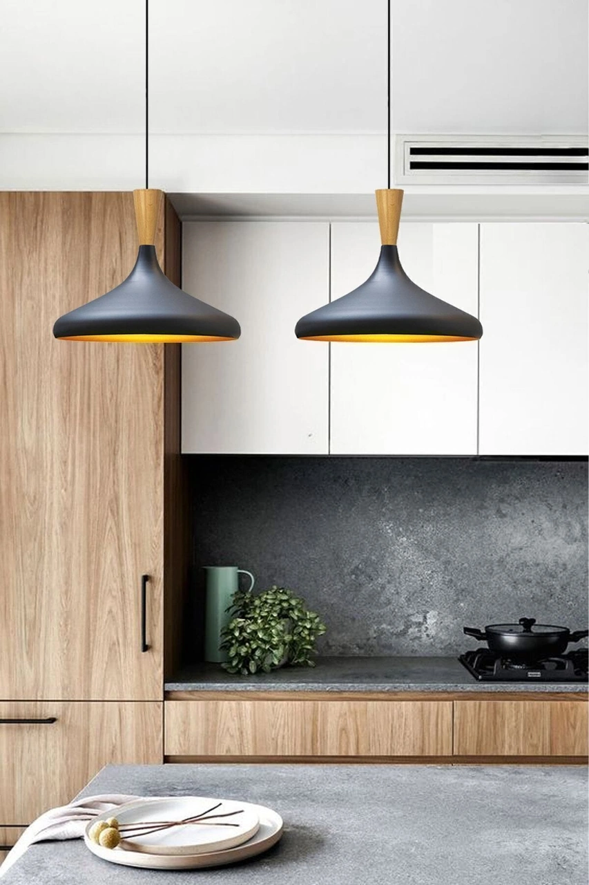 Champion Siyah Ahşap Huni Tekli Avize Sarkıt Salon Mutfak Cafe Butik Lamba Aydınlatma Avizeler Siyah