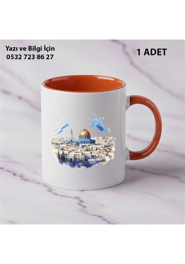 Kudd Üs Sahra Tasarımı Kişiye Özel İsimli Kuddüs Mescid-i Aksa Kupa Bardak - En Güzel Hediyelik Turuncu