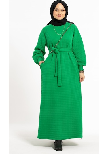 Capitone Elbise - Yeşil-1391-kiremit Kiremit