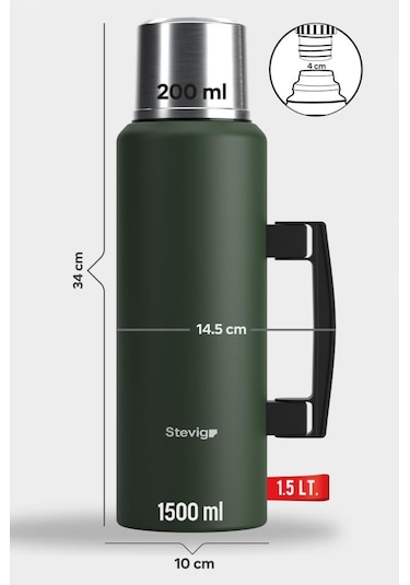 Stevig 4 Camp Klasik Vakumlu Kulplu Çelik Termos 1.5 Lt. Green St-206