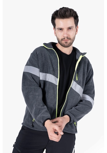 Neon Sarı Fermuarlı Reflektörlü Polar Gri Melanj