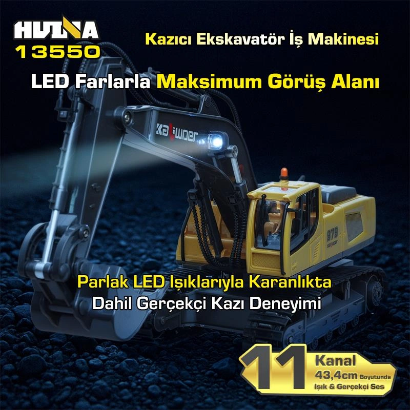Huına Kaliwo 13550 1/18 11ch Kazıcı Ekskavatör İş Makinesi İnşaat Uzaktan Kumandalı Rc Model Metal Kepçeli Sarı - 2.4ghz Gerçekçi Similasyon Ses Ve Işık Sistemi