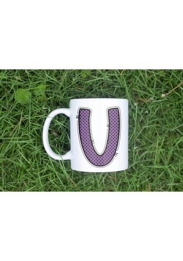 U Harfi Mor Puantiyeli Kupa Bardak - Polka Dot Tasarım Kahve Çay Bardak - Kişiye Özel Hediyelik Beyaz