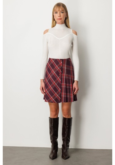 Ekol Kadın Pilise Detaylı Mini Etek 2049 Bordo Bordo