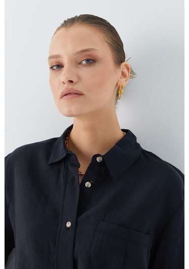 4628 Kadın Cep Detaylı Modal Gömlek Siyah Siyah