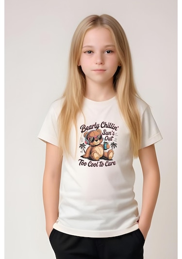 Fyk Kids Kız Çocuk Yuvarlak Yaka Baskılı Bearly Chillin Alt-üst Pijama Takımı KREM Krem