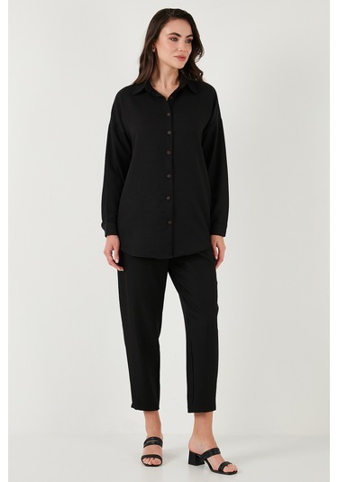 Lela Keten Karışımlı Regular Fit Lastikli Bel Uzun Kollu Alt Üst Bayan Takım 6696622 Siyah