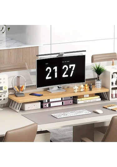 Motion003 Ergonomik Ahşap Monitör Standı Yükseltici Bej Çerçeve Kütük Tahta 50 Cm Büyük Çift Ekran Masa Rafı L Şeklinde Bacaklı