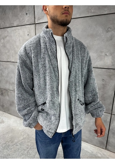 Fifty Color Gri Peluş Dik Yaka Cepleri Fermuarlı Oversize Peluş Ceket Gri Melanj